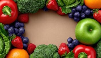 Vibrant fruit and vegetable collage kitchen counter food photography bright and fresh top-down view healthy eating concept photo