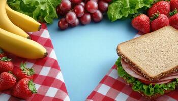 Colorful picnic with healthy snacks and sandwiches in a vibrant garden setting photo