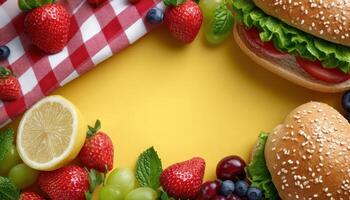 Colorful picnic scene with healthy snacks and sandwiches outdoor setting vibrant summer vibe top-down view photo