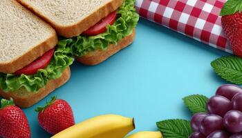 Colorful picnic with healthy snacks and sandwiches outdoor setting vibrant food arrangement high fidelity image photo