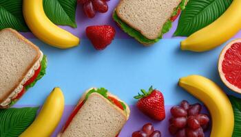 Vibrant picnic scene with healthy snacks and sandwiches outdoor setting food photography colorful layout top-down view photo