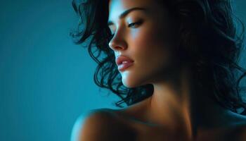 Captivating profile of a woman with cascading hair studio setting portrait photography artistic lighting photo