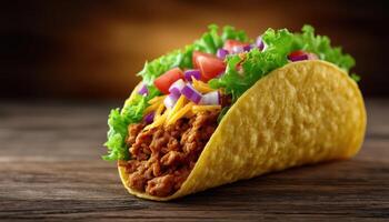 Crispy chicken taco close-up gourmet food photography rustic kitchen natural lighting flavorful ingredients photo