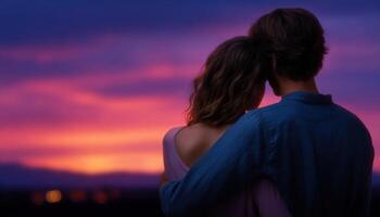 Couple embracing warmly at sunset romantic landscape emotional connection vibrant sky intimate viewpoint photo