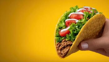Hand holding a delicious chicken taco bright yellow background food photography vibrant colors close-up view culinary delight photo