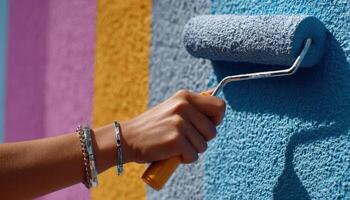 Artist painting a colorful mural on a wall urban setting visual art daytime creative expression photo