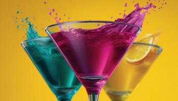 Vibrant cocktail shaker and colorful drinks splashing studio image bright background close-up beverage art photo