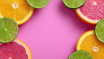 Vibrant citrus slice arrangement on pink background food photography artistic composition photo