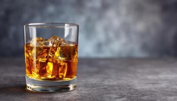 Classic whiskey glass with ice bar setting beverage photography elegant atmosphere close-up view sophisticated experience photo