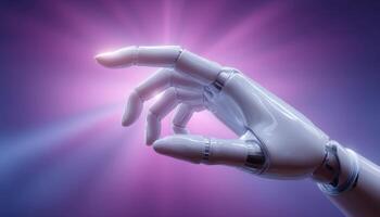 Futuristic robot hand reaching out digital realm closeup image neon environment conceptual perspective photo