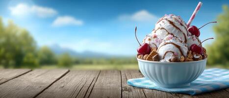 Whimsical ice cream sundae overflowing with toppings outdoor setting nature scene photo