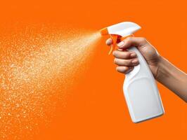 Dynamic cleaning action home environment hand holding spray bottle vibrant orange background photo