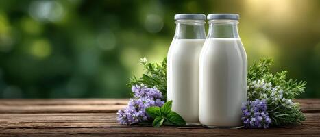 Organic dairy milk bottles on sun-drenched wooden table with fresh herbs and flowers photo