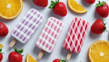 Colorful striped popsicles with fresh strawberries and oranges artistic flat lay bright background photo