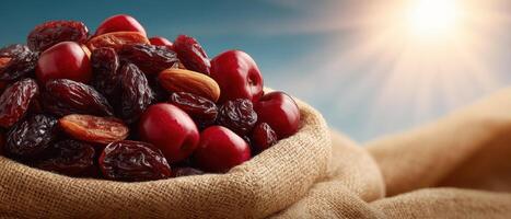 Dried fruits mixed selection natural setting flat lay photography sunlit background photo