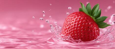 Jumping strawberry splashing in crystal clear pool fun food photography colorful environment photo