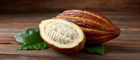 Cut cocoa pods exposing creamy interior on standard surface in natural setting photo