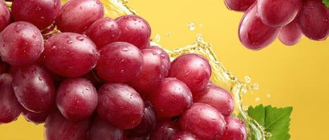 Grapes splashed into sparkling water vibrant yellow background fresh fruit photography photo