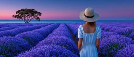 Lavender fields at dawn ocean view nature photography serene environment soft purple hues photo