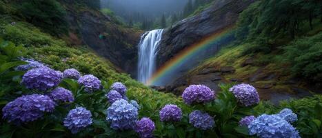 Majestic waterfall cascading down rocky cliffs nature landscape scenic view tranquil environment photo