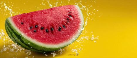 Refreshing watermelon splash summer vibes food photography bright yellow background close-up vibrant colors photo