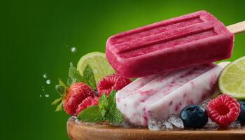 Colorful popsicles on wooden board with fresh berries and lime vibrant summer treat photo