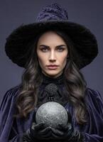 Enchanting witch woman in costume studio portrait dark background magical aura photo