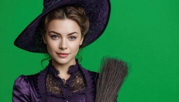 Elegant witch in deep purple dress halloween theme studio setting captivating portrait photo