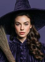 Elegant woman in witch costume studio portrait colorful background mystical theme photo