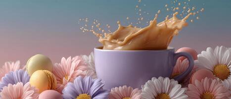 Delightful breakfast scene with coffee splash floral surroundings high-quality photography photo