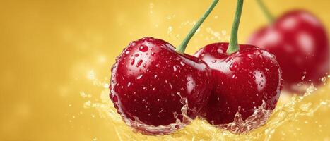 Juicy cherries splashing into water closeup nature vibrant environment dynamic viewpoint photo