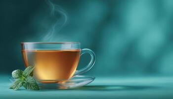Herbal tea with fresh mint leaves in glass cup calm setting high-quality photography photo