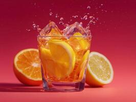 Refreshing citrus splash lemonade drink with ice bright background captured moment photo