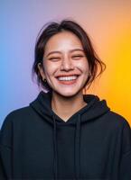 Joyful portrait of smiling woman studio setting photography vibrant background close-up photo