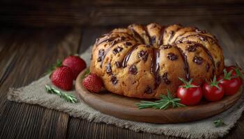 Delicious chocolate chip cake on rustic wood dessert platter cozy kitchen setting photo