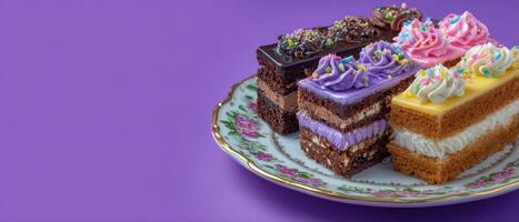Gourmet cake slices an artistic display of elegant colors and presentation photo