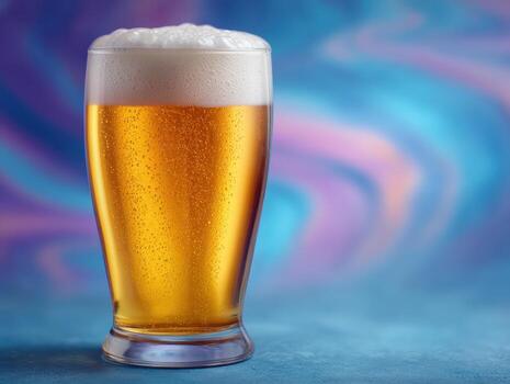 Frothy beer overflowing in a glass vibrant background closeup shot refreshing concept photo