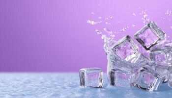 Iced water splashing with ice cubes in a lila background close-up photography refreshing concept photo