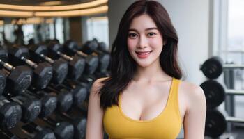 Fitness training session with model at gym strength training environment motivational viewpoint photo