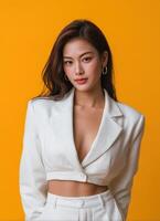 Confident stylish asian woman in designer outfit studio setting fashion portrait vibrant background photo