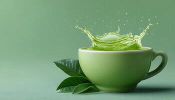 Elegant splash of vibrant green tea in delicate cup minimalist design calm environment photo
