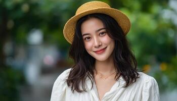 Cheerful young woman smiling in a green park portrait natural light joyful vibes photo