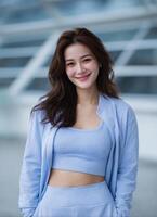 Smiling woman in casual blue outfit urban setting lifestyle portrait natural light photo