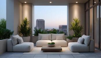 Trendy minimalist outdoor patio furniture urban rooftop modern design evening serenity photo