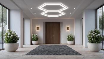Minimalist hallway design with stylish lighting modern home interior bright space perspective photo