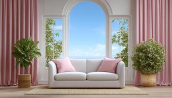Airy minimalist living room with expansive windows modern design bright environment photo