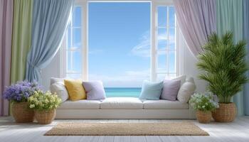 Cozy minimalist living room design with ocean view beachside interior bright serene atmosphere photo