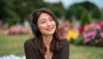 Relaxing picnic moments young asian woman enjoys nature city park outdoor lifestyle joyful vibes photo