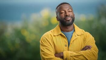 Contemplative black man with arms crossed outdoors portrait nature background calm viewpoint photo