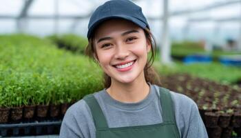 Asian female farmer planting seeds in greenhouse vibrant nature close-up view agriculture photo